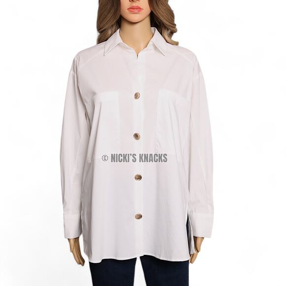 Magaschoni White Oversized Gold Button Shirt Blouse Relaxed Fit Cotton XS NWT - Picture 2 of 12